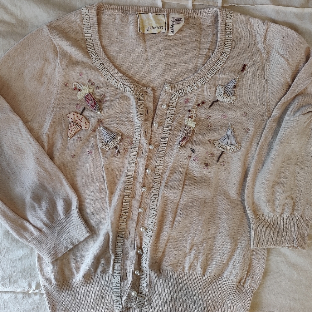 Anthropologie Cream Embroidered Cardigan By Guinevere